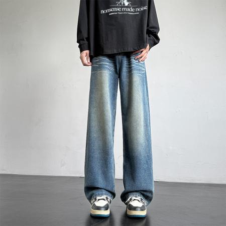 四季洗水拖地牛仔裤纯色复古公版港风宽松直筒裤子工装休闲裤男女 男装批发