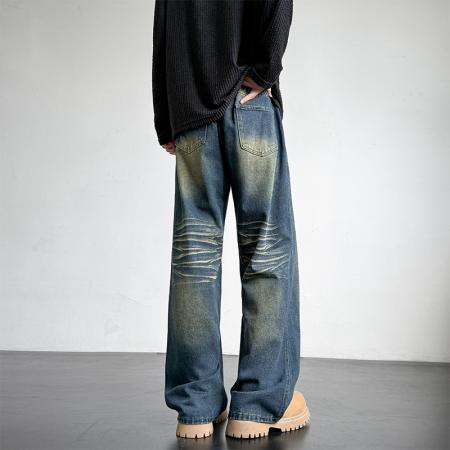 四季洗水拖地牛仔裤纯色复古公版港风宽松直筒裤子工装休闲裤男女 男装批发