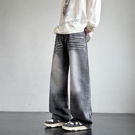 四季洗水拖地牛仔裤纯色复古公版港风宽松直筒裤子工装休闲裤男女 男装批发