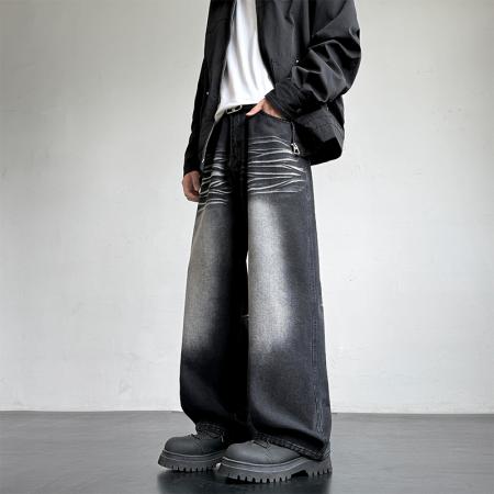 四季洗水拖地牛仔裤纯色复古公版港风宽松直筒裤子工装休闲裤男女 男装批发