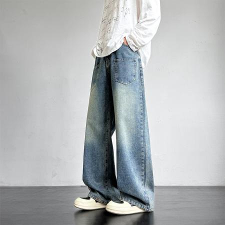 复古水洗牛仔裤子男四季新款宽松阔腿显高直筒休闲长裤 男装批发