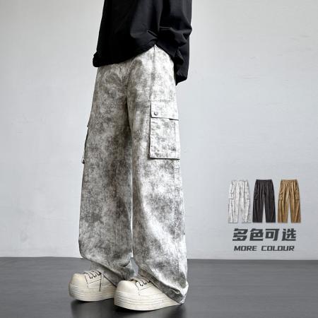 美式复古扎染脏脏裤男四季新款宽松直筒休闲长裤子工装纯棉设计感 男装批发