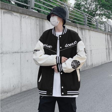 秋季情侣棒球服呢子插皮夹克男立领外套潮字母拼色 男装批发