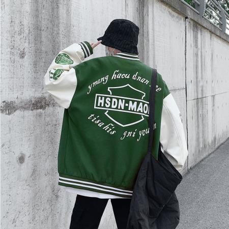 秋季情侣棒球服呢子插皮夹克男立领外套潮字母拼色 男装批发
