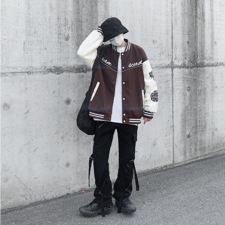秋季情侣棒球服呢子插皮夹克男立领外套潮字母拼色 男装批发