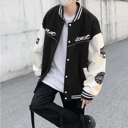 秋季情侣棒球服呢子插皮夹克男立领外套潮字母拼色 男装批发