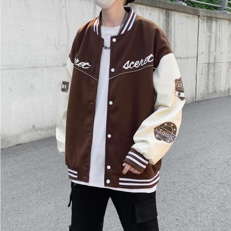 秋季情侣棒球服呢子插皮夹克男立领外套潮字母拼色 男装批发
