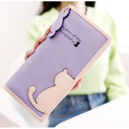 TJ2070# 韩版女士钱包 长款韩版可爱撞色猫咪波点学生拉链钱夹皮夹 批发