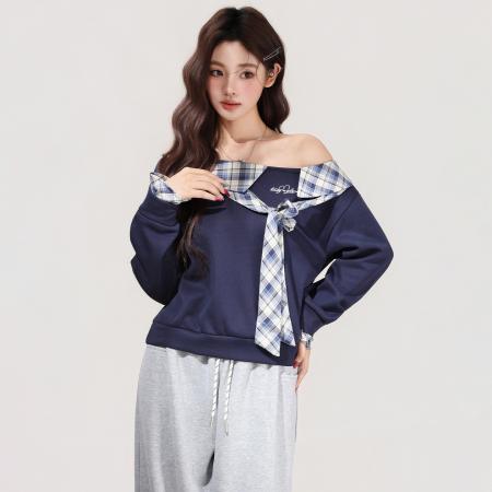 FA48732# 大圆领两穿斜肩假两件拼接格子蝴蝶结绑带加绒长袖卫衣女 服裝批發女裝批發服飾貨源