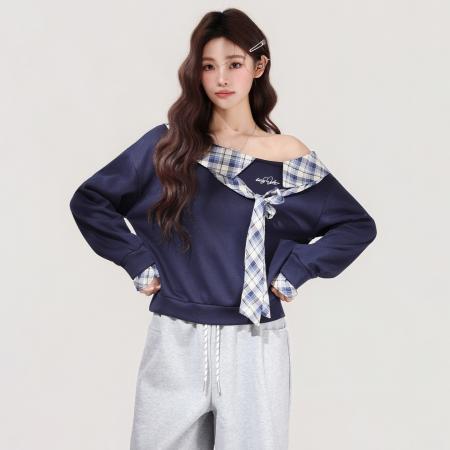 FA48732# 大圆领两穿斜肩假两件拼接格子蝴蝶结绑带加绒长袖卫衣女 服裝批發女裝批發服飾貨源