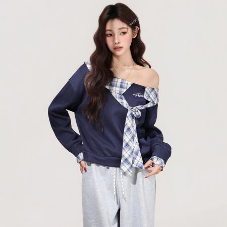 FA48732# 大圆领两穿斜肩假两件拼接格子蝴蝶结绑带加绒长袖卫衣女 服裝批發女裝批發服飾貨源