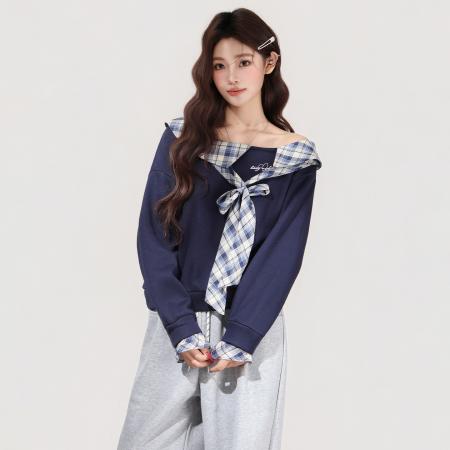 FA48732# 大圆领两穿斜肩假两件拼接格子蝴蝶结绑带加绒长袖卫衣女 服裝批發女裝批發服飾貨源