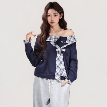 FA48732# 大圆领两穿斜肩假两件拼接格子蝴蝶结绑带加绒长袖卫衣女 服裝批發女裝批發服飾貨源