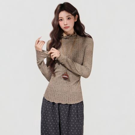 FA48734# 美式复古高领长袖t恤女秋冬季新款修身软糯内搭打底上衣 服裝批發女裝批發服飾貨源