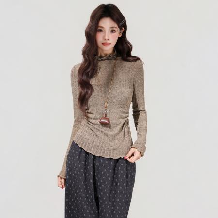 FA48734# 美式复古高领长袖t恤女秋冬季新款修身软糯内搭打底上衣 服裝批發女裝批發服飾貨源