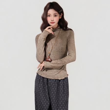 FA48734# 美式复古高领长袖t恤女秋冬季新款修身软糯内搭打底上衣 服裝批發女裝批發服飾貨源