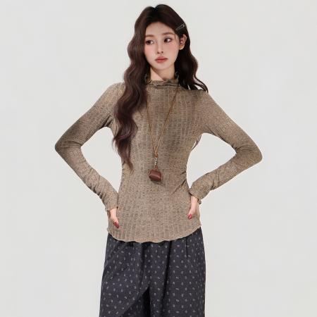 FA48734# 美式复古高领长袖t恤女秋冬季新款修身软糯内搭打底上衣 服裝批發女裝批發服飾貨源