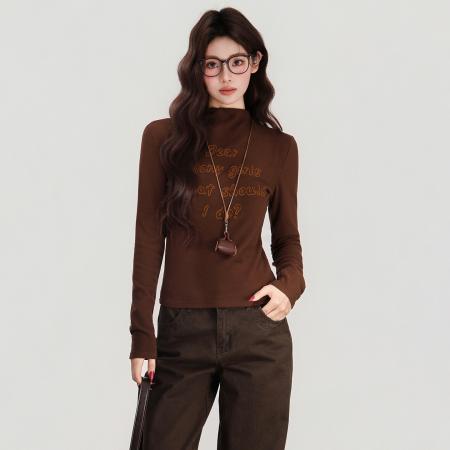 FA48735# 半高领字母长袖T恤女秋新款上衣韩版时尚百搭显瘦打底衫 服裝批發女裝批發服飾貨源