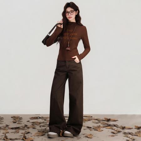 FA48735# 半高领字母长袖T恤女秋新款上衣韩版时尚百搭显瘦打底衫 服裝批發女裝批發服飾貨源