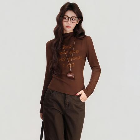 FA48735# 半高领字母长袖T恤女秋新款上衣韩版时尚百搭显瘦打底衫 服裝批發女裝批發服飾貨源