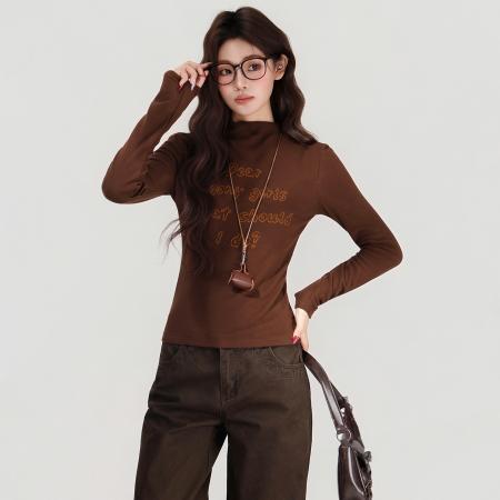 FA48735# 半高领字母长袖T恤女秋新款上衣韩版时尚百搭显瘦打底衫 服裝批發女裝批發服飾貨源