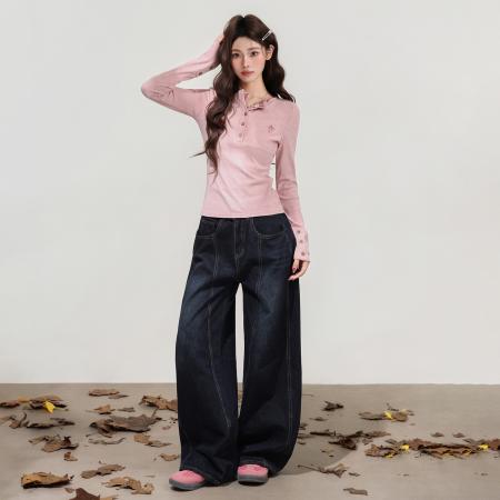 FA48736# 韩系V领修身长袖针织衫女秋冬季假两件格纹拼接刺绣上衣 服裝批發女裝批發服飾貨源