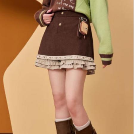 FA48738# 秋冬甜酷复古咖色钉珠花边短裤女灯芯绒裙裤女秋冬 服裝批發女裝批發服飾貨源