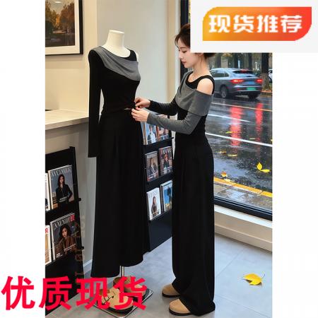 FA48743# 巨好看秋装一整套洋气高端精致又酷又飒黑色露肩长袖T恤套装裤女 服裝批發女裝批發服飾貨源