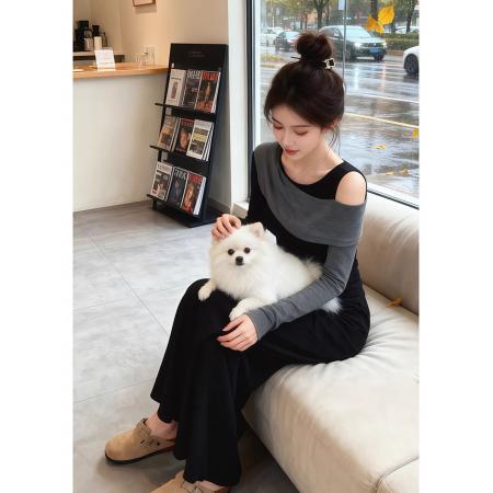 FA48743# 巨好看秋装一整套洋气高端精致又酷又飒黑色露肩长袖T恤套装裤女 服裝批發女裝批發服飾貨源