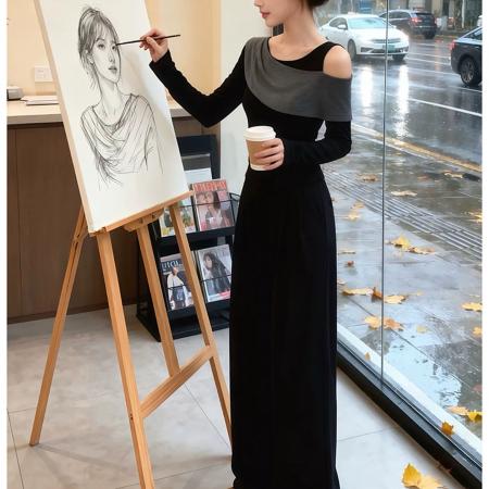 FA48743# 巨好看秋装一整套洋气高端精致又酷又飒黑色露肩长袖T恤套装裤女 服裝批發女裝批發服飾貨源
