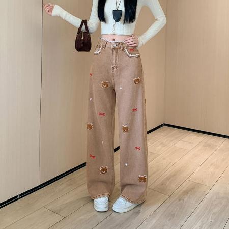FA48747# 设计感小熊刺绣牛仔裤女秋季设计感高腰宽松直筒阔腿裤 服裝批發女裝批發服飾貨源