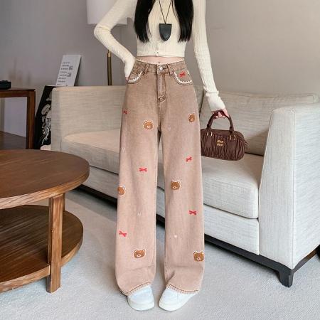 FA48747# 设计感小熊刺绣牛仔裤女秋季设计感高腰宽松直筒阔腿裤 服裝批發女裝批發服飾貨源