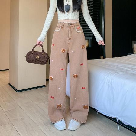 FA48747# 设计感小熊刺绣牛仔裤女秋季设计感高腰宽松直筒阔腿裤 服裝批發女裝批發服飾貨源