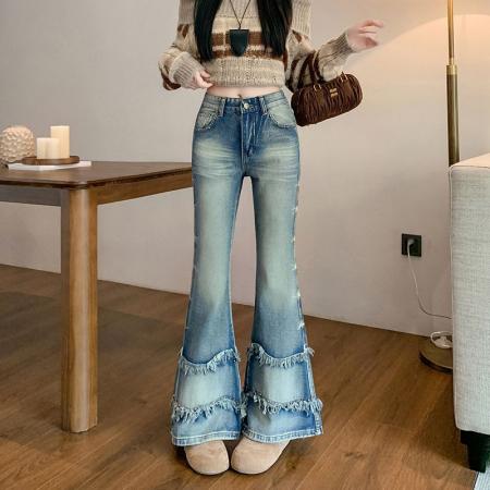 FA48748# 设计感毛边微喇牛仔裤女秋冬新款辣妹高街喇叭裤子 服裝批發女裝批發服飾貨源