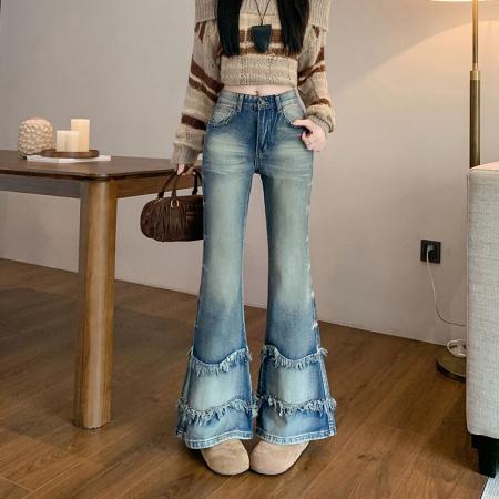 FA48748# 设计感毛边微喇牛仔裤女秋冬新款辣妹高街喇叭裤子 服裝批發女裝批發服飾貨源