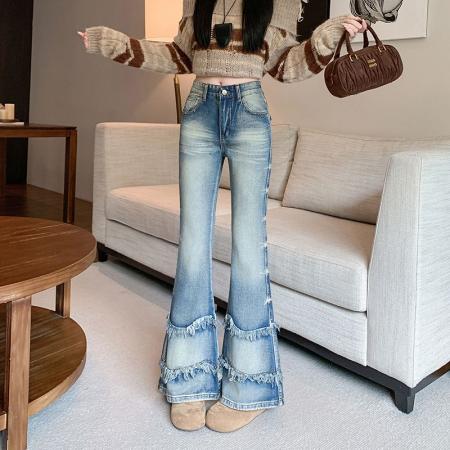FA48748# 设计感毛边微喇牛仔裤女秋冬新款辣妹高街喇叭裤子 服裝批發女裝批發服飾貨源