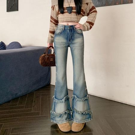 FA48748# 设计感毛边微喇牛仔裤女秋冬新款辣妹高街喇叭裤子 服裝批發女裝批發服飾貨源