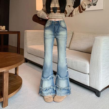 FA48748# 设计感毛边微喇牛仔裤女秋冬新款辣妹高街喇叭裤子 服裝批發女裝批發服飾貨源