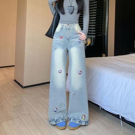 趣味卡通刺绣牛仔裤女秋季设计感...