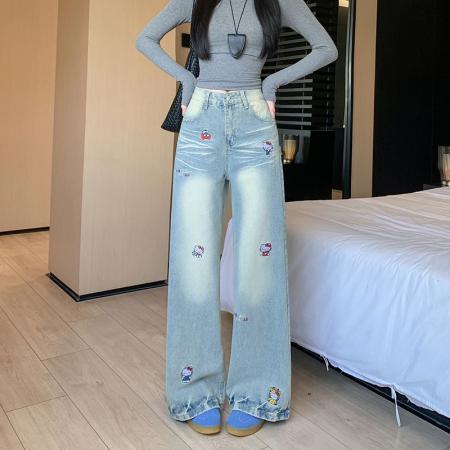 FA48749# 趣味卡通刺绣牛仔裤女秋季设计感做旧直筒阔腿拖地裤子 服裝批發女裝批發服飾貨源