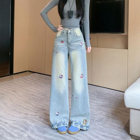 FA48749# 趣味卡通刺绣牛仔裤女秋季设计感做旧直筒阔腿拖地裤子 服裝批發女裝批發服飾貨源