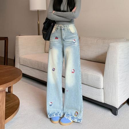 FA48749# 趣味卡通刺绣牛仔裤女秋季设计感做旧直筒阔腿拖地裤子 服裝批發女裝批發服飾貨源