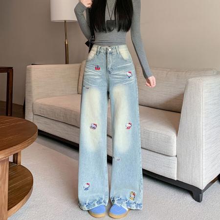 FA48749# 趣味卡通刺绣牛仔裤女秋季设计感做旧直筒阔腿拖地裤子 服裝批發女裝批發服飾貨源