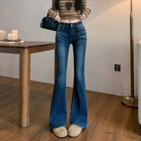 FA48750# 美式显瘦高腰微喇叭牛仔裤女秋季新款弹力修身马蹄裤子 服裝批發女裝批發服飾貨源