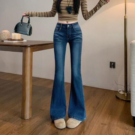 FA48750# 美式显瘦高腰微喇叭牛仔裤女秋季新款弹力修身马蹄裤子 服裝批發女裝批發服飾貨源