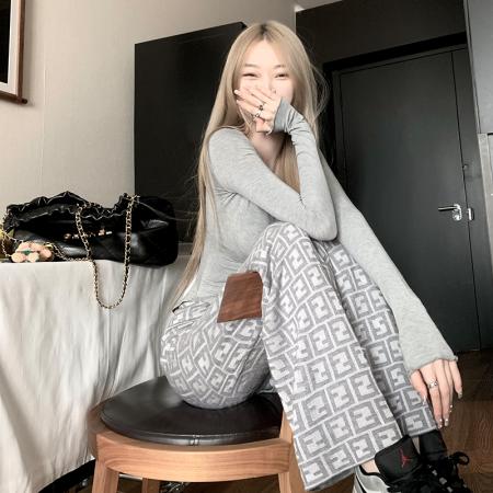 FA48754# 秋冬百搭老花垂感休闲针织阔腿裤新款女裤子 服裝批發女裝批發服飾貨源