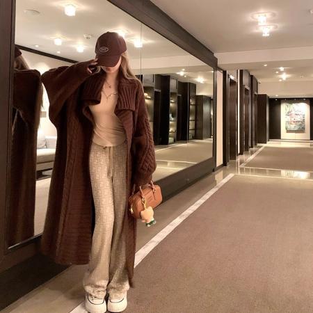 FA48754# 秋冬百搭老花垂感休闲针织阔腿裤新款女裤子 服裝批發女裝批發服飾貨源