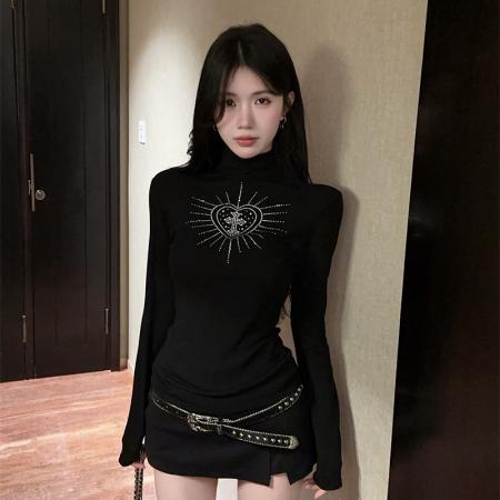 FA48755# 自由百搭基础款烫钻小高领打底衫修身显瘦内搭长袖上衣 服裝批發女裝批發服飾貨源