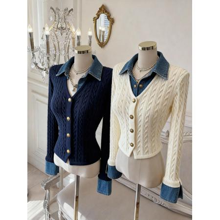 FA48757# 翻领假两件毛衣针织衫女秋冬高级感学院风内搭短上衣 服裝批發女裝批發服飾貨源