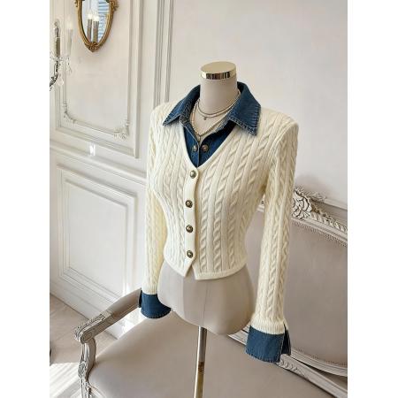 FA48757# 翻领假两件毛衣针织衫女秋冬高级感学院风内搭短上衣 服裝批發女裝批發服飾貨源